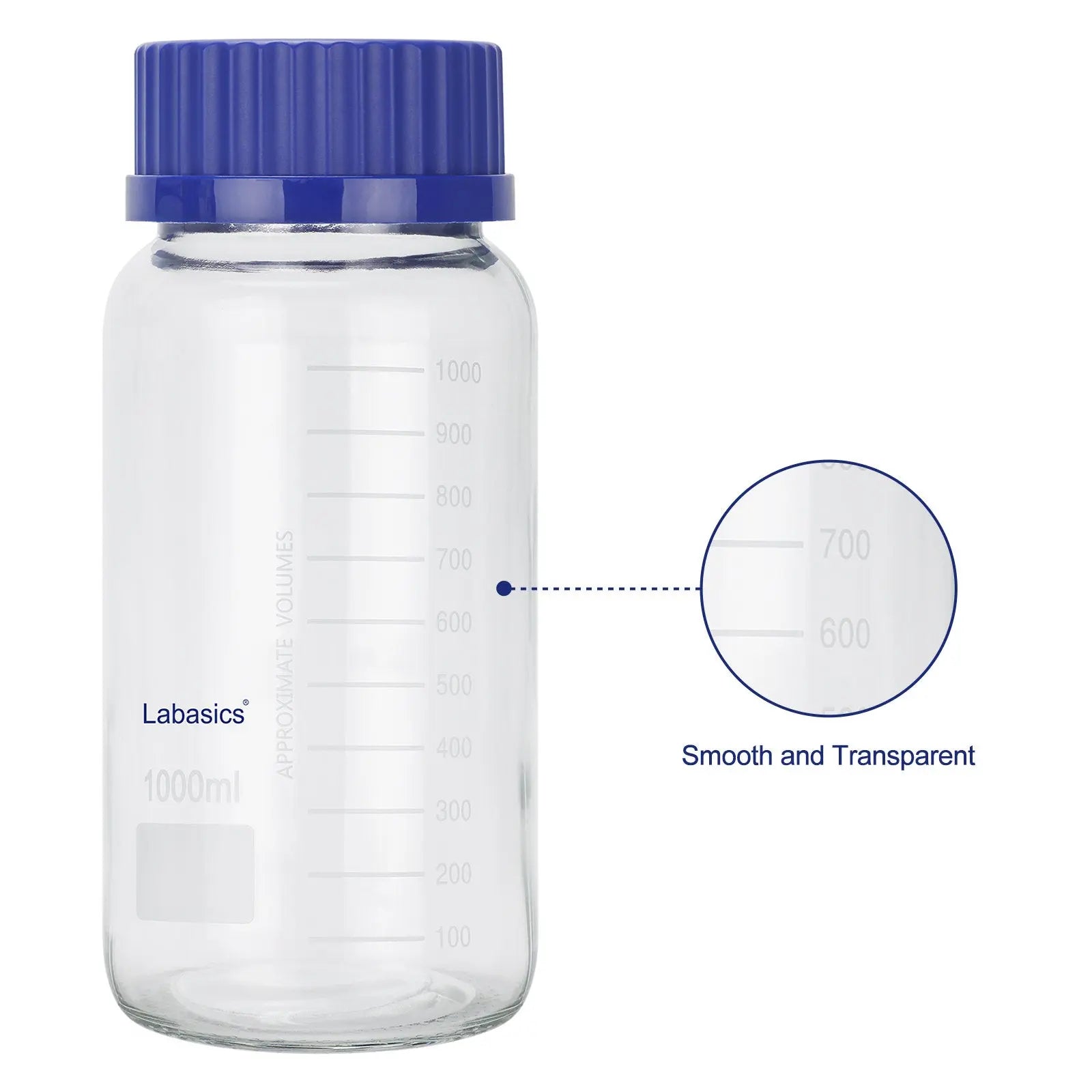 Transparent Media Storage Bottles with GL80 Blue Screw Cap, Soda-Lime Glass, 250-1000 mL Labasics