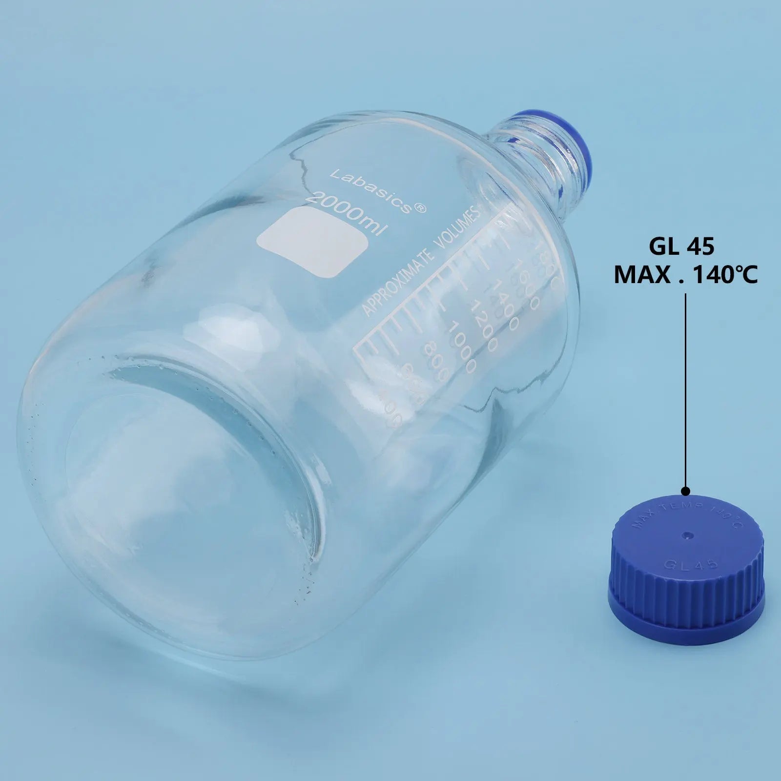 Transparent Media Storage Bottles with GL45 Blue Screw Cap, Soda-Lime Glass, 250-2000 ml Labasics