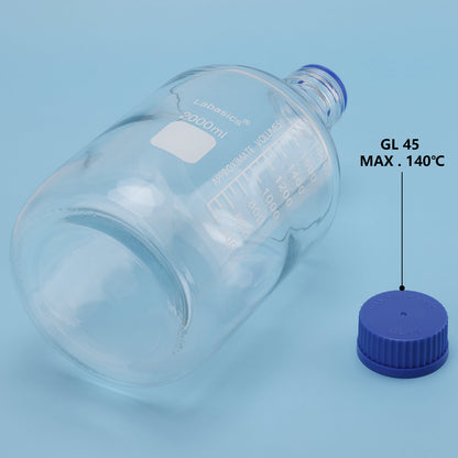 Transparent Media Storage Bottles with GL45 Blue Screw Cap, Soda-Lime Glass, 250-2000 mL
