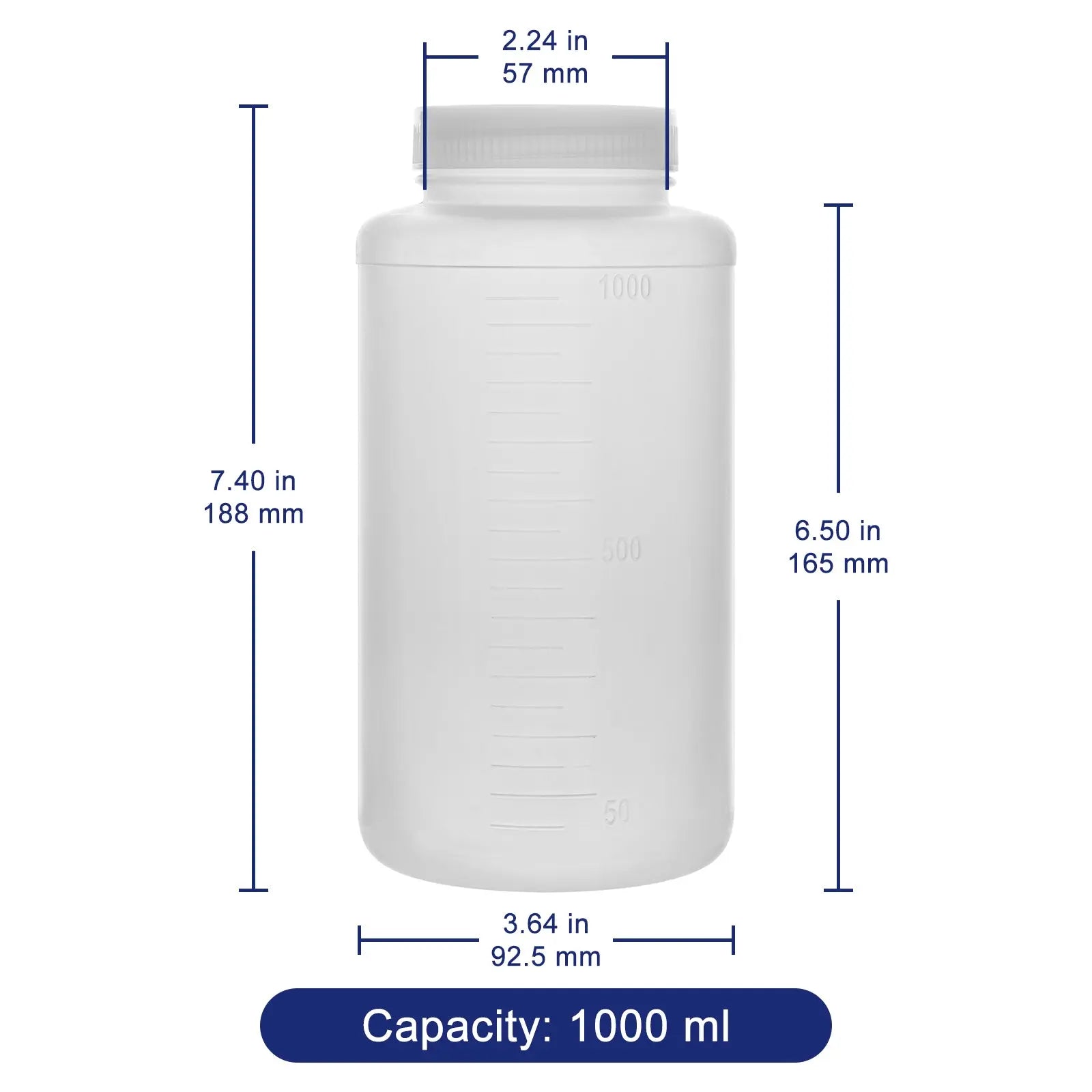 1000 mL HDPE wide mouth reagent bottle with labeled dimensions