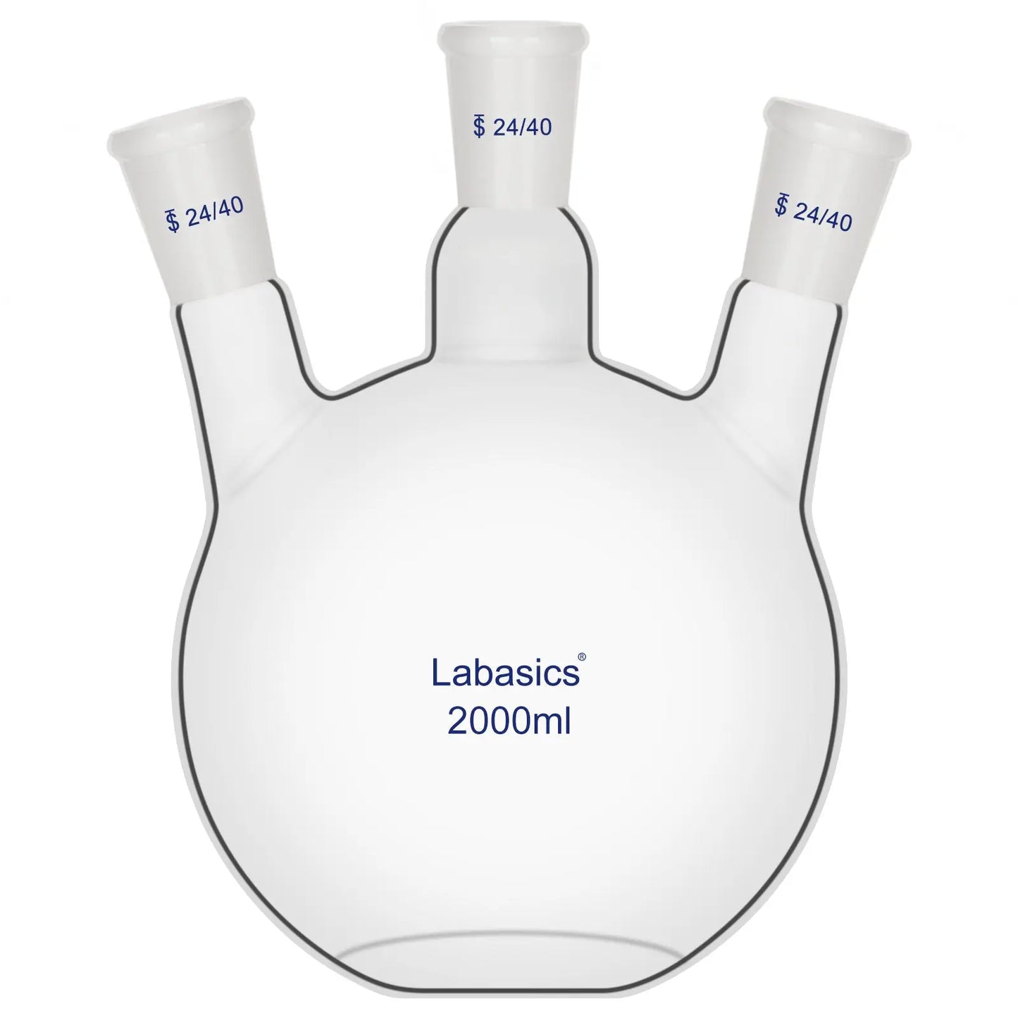 3 neck flat bottom flask 2000 ml, borosilicate glass for lab reaction setups
