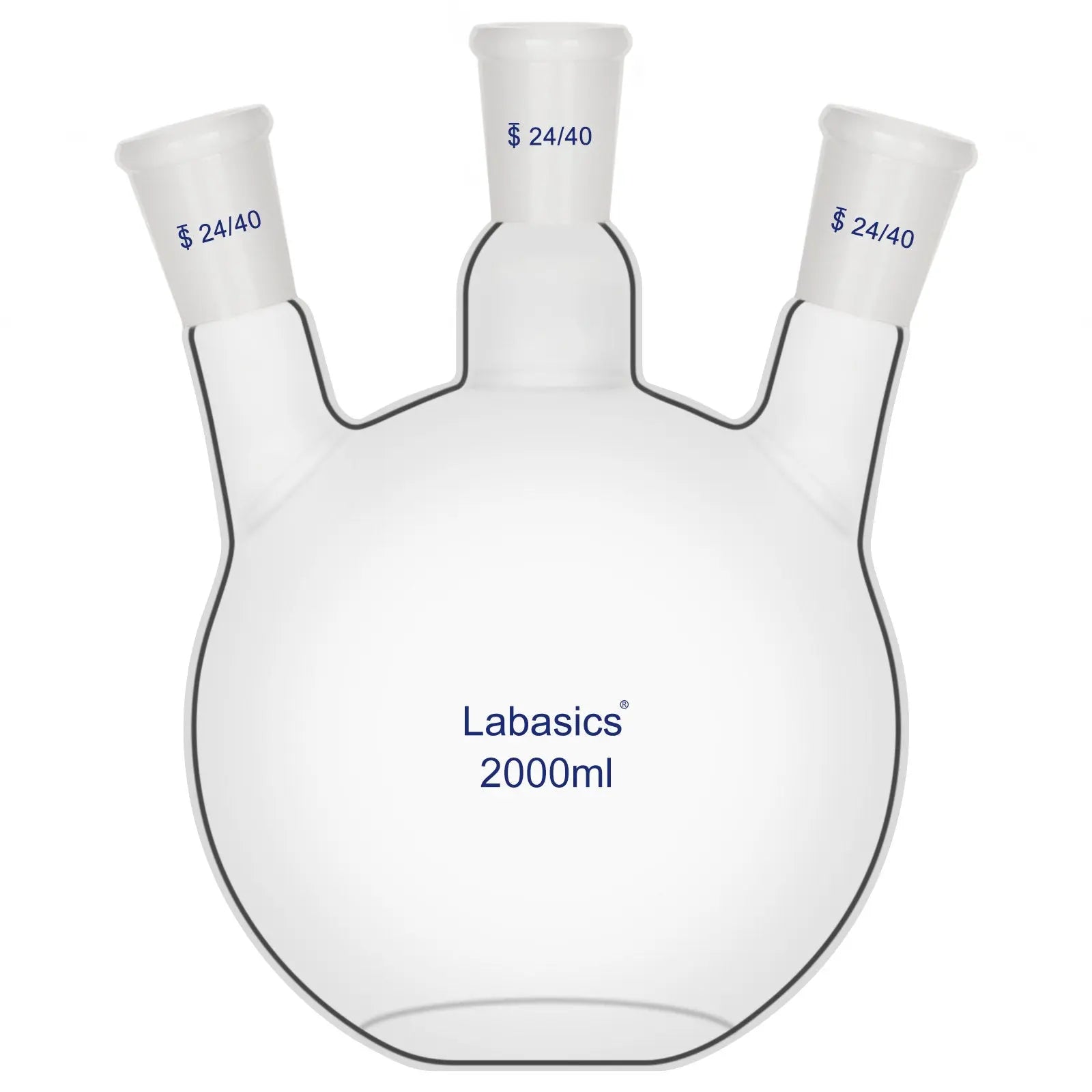 3 neck flat bottom flask 2000 ml, borosilicate glass for lab reaction setups
