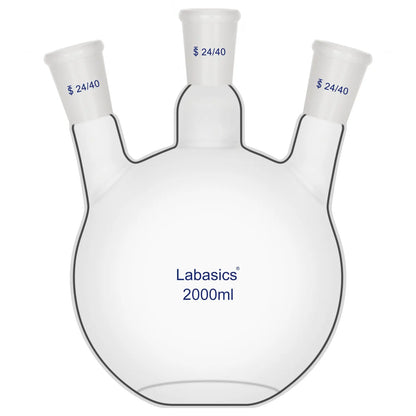 3 neck flat bottom flask 2000 ml, borosilicate glass for lab reaction setups