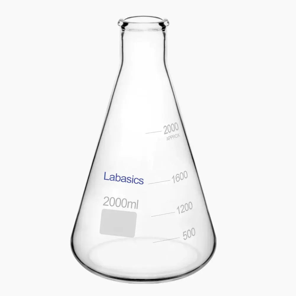 Narrow mouth Erlenmeyer flask, 2000 mL (2 L), borosilicate glass, large capacity, heat-resistant, for chemical handling and lab applications