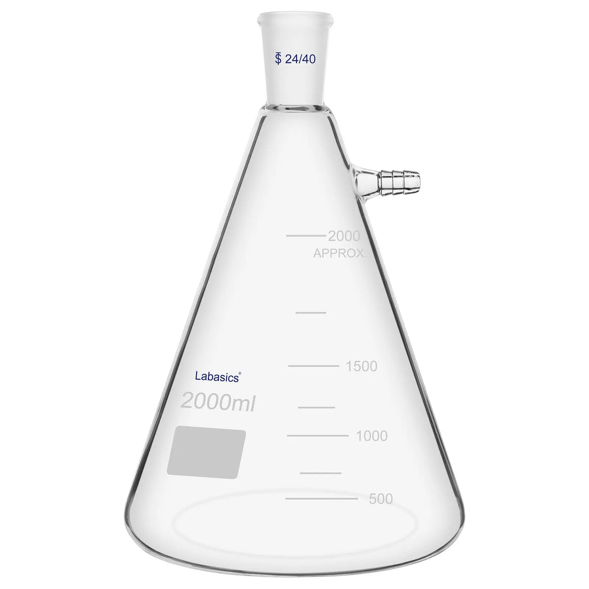 A 2000 mL borosilicate glass filtering flask with a 24/40 ground glass joint, featuring a thick-walled Erlenmeyer-style body and a side arm for vacuum filtration connection.