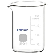 A 200 mL heat-resistant borosilicate glass beaker with a pouring spout, featuring clear measurement markings and a slightly wider body for improved mixing and heating