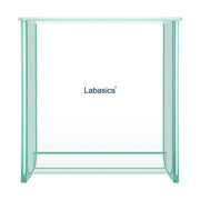 Square TLC developing tank, 21×6.8×21.6 cm, dual solvent chambers, robust borosilicate glass, ground glass lid, supports two TLC plates for environmental, pharmaceutical, and industrial analysis