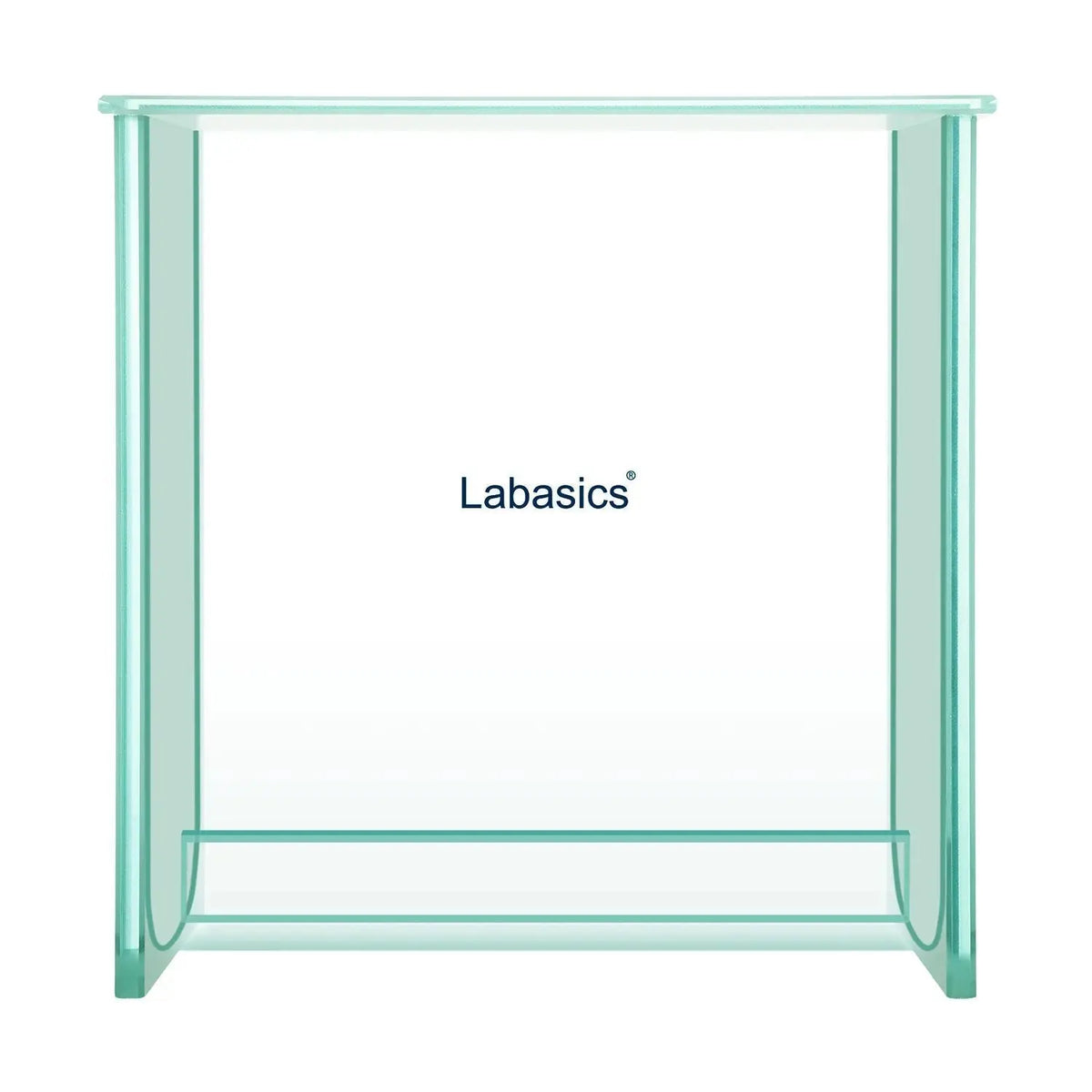 Square TLC developing tank, 21×6.8×21.6 cm, dual solvent chambers, robust borosilicate glass, ground glass lid, supports two TLC plates for environmental, pharmaceutical, and industrial analysis
