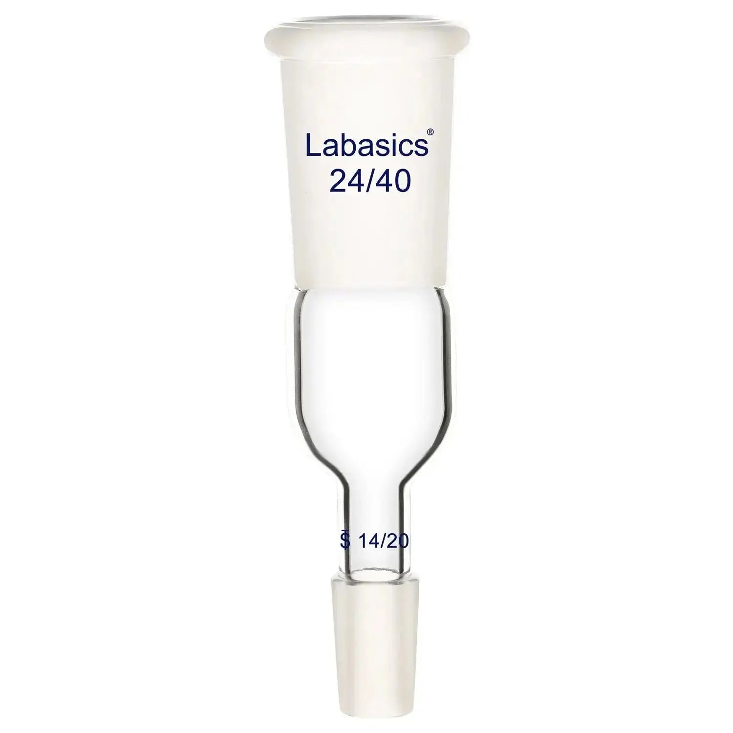 Borosilicate glass straight enlarging adapter, 24/40 top outer joint to 14/20 bottom inner joint, reusable for precise laboratory glassware connections