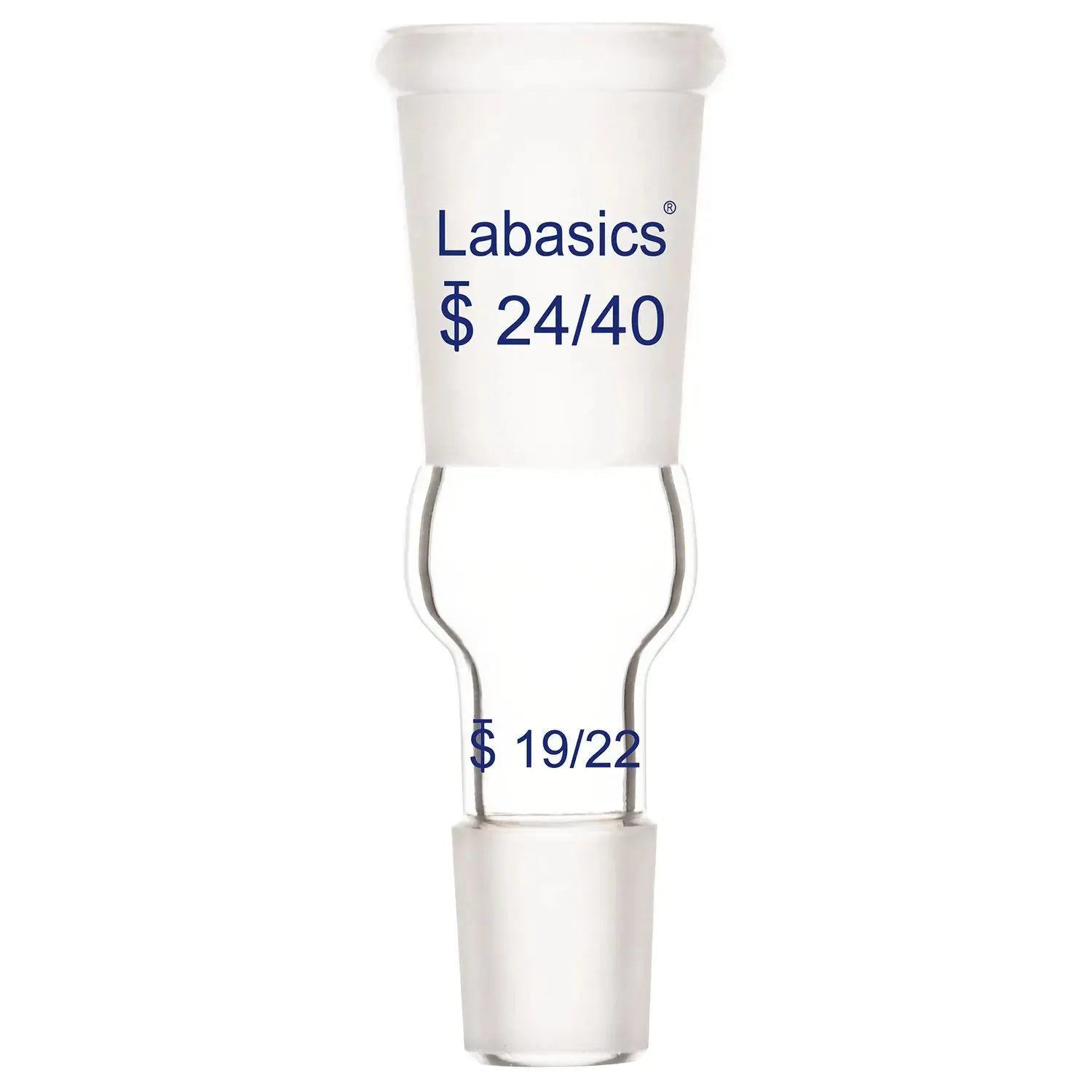 Glass enlarging adapter, straight 24/40 to 19/22 joint, durable, reusable, and resistant to high temperature for lab applications