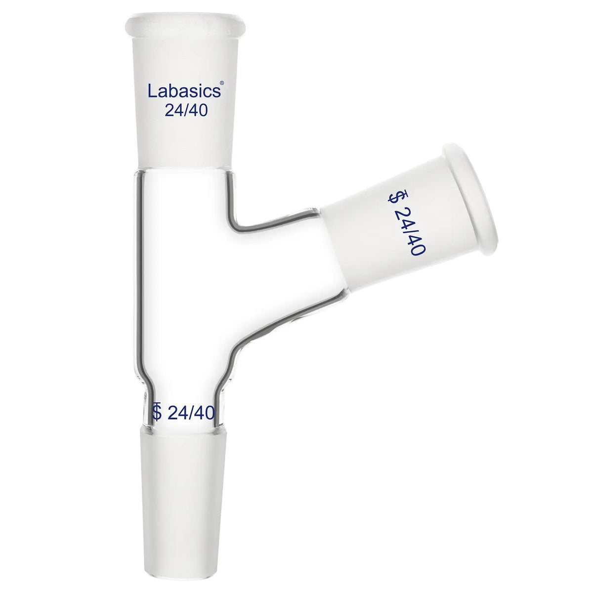 105° 3-way borosilicate glass distilling adapter, 24/40 joints, heavy-duty and reusable for laboratory distillation and reflux setups