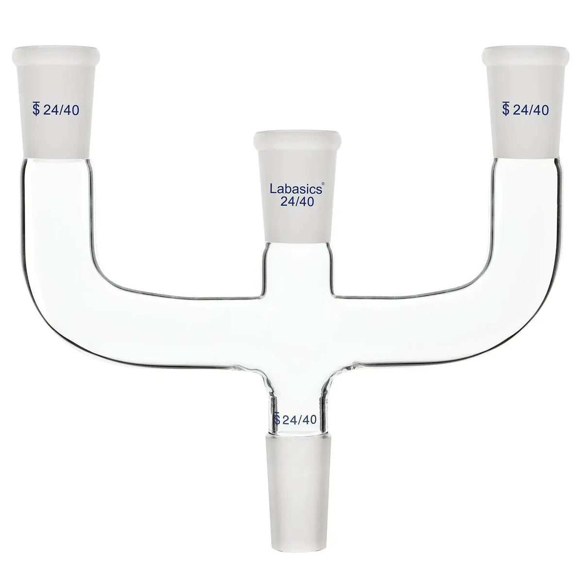 4-way Claisen distillation adapter, 24/40 ground joints, thick borosilicate glass, heavy-duty four-neck connection, reliable sealing for complex laboratory systems