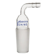 Borosilicate glass inlet adapter featuring 24/40 male joint designed for integration with standard lab glass systems and hose connections