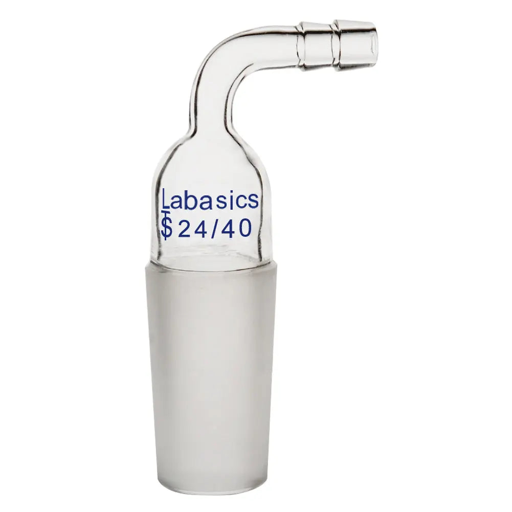 Borosilicate glass inlet adapter featuring 24/40 male joint designed for integration with standard lab glass systems and hose connections