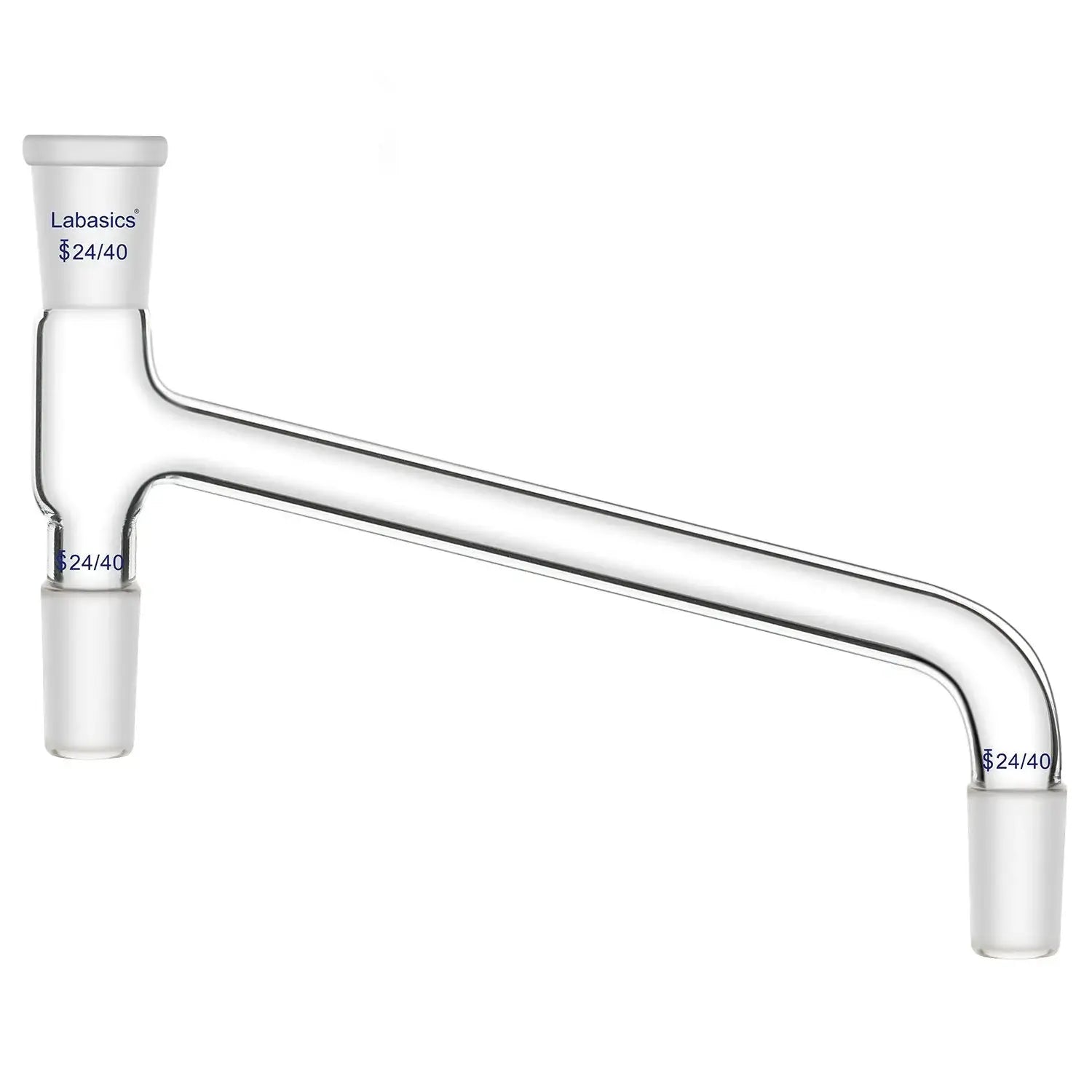 75° bent borosilicate glass distilling adapter, 24/40 joint, durable and chemical-resistant for multi-connection lab distillation