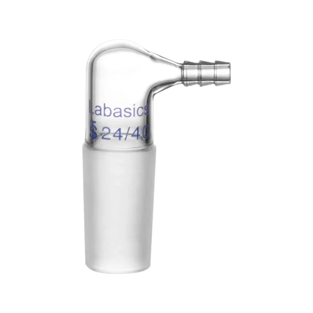 Borosilicate glass 90° bent inlet adapter with 24/22 joint, ideal for precise gas or vacuum flow in chemical laboratories