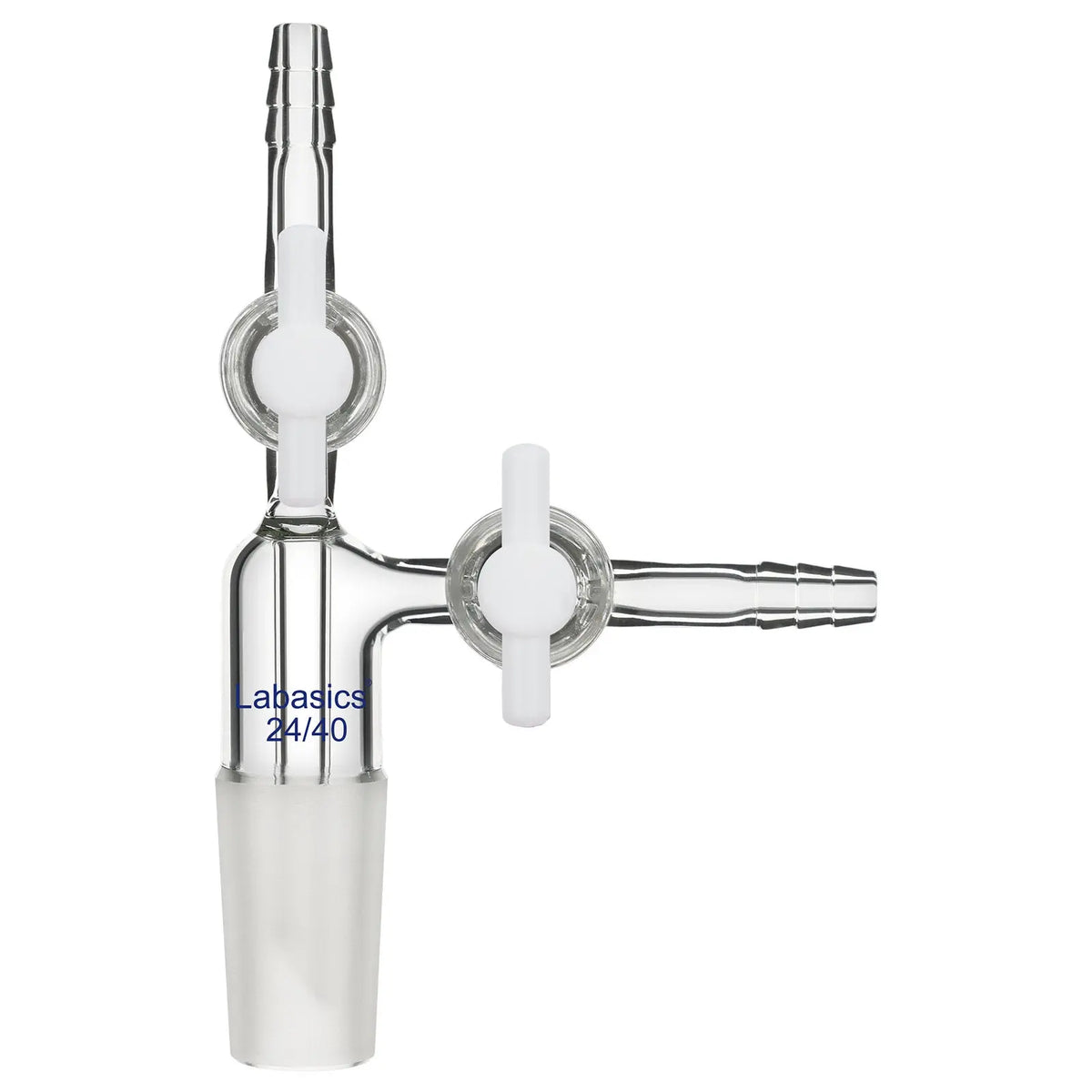 Borosilicate glass vacuum transfer adapter with PTFE valve, 24/40 inner joint, dual hose connections, reusable and chemical-resistant