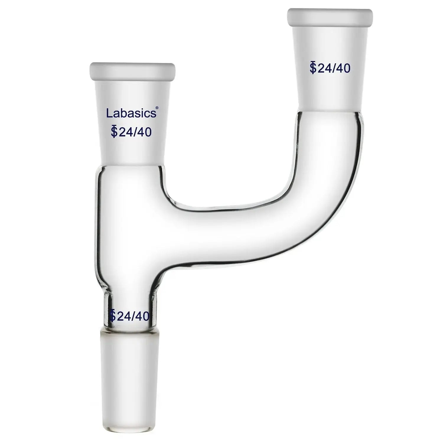 3-way Claisen distillation adapter, 24/40 ground joints, durable borosilicate glass, heavy-duty three-neck connection, reliable sealing for complex distillation systems