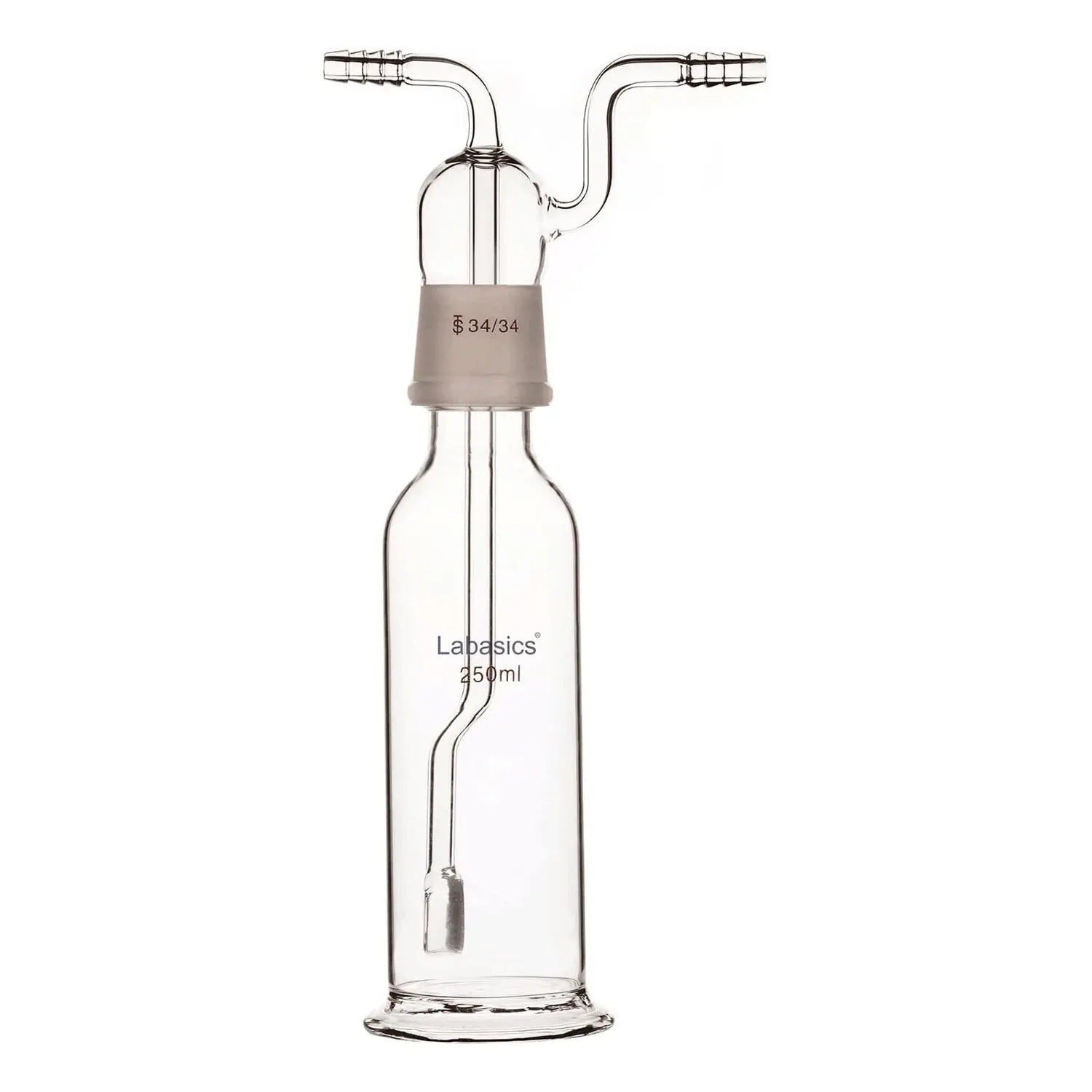 250 ml borosilicate glass gas washing bottle with 20 µm fritted tube and 34/34 ground joint for laboratory gas absorption