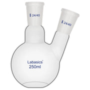 2 neck flat bottom flask, 250 mL, borosilicate glass, 24/40 joints, stable base for chemical synthesis and heating reactions