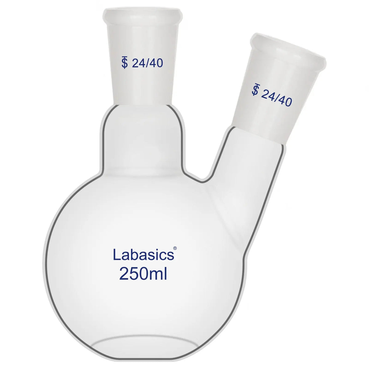 2 neck flat bottom flask, 250 mL, borosilicate glass, 24/40 joints, stable base for chemical synthesis and heating reactions