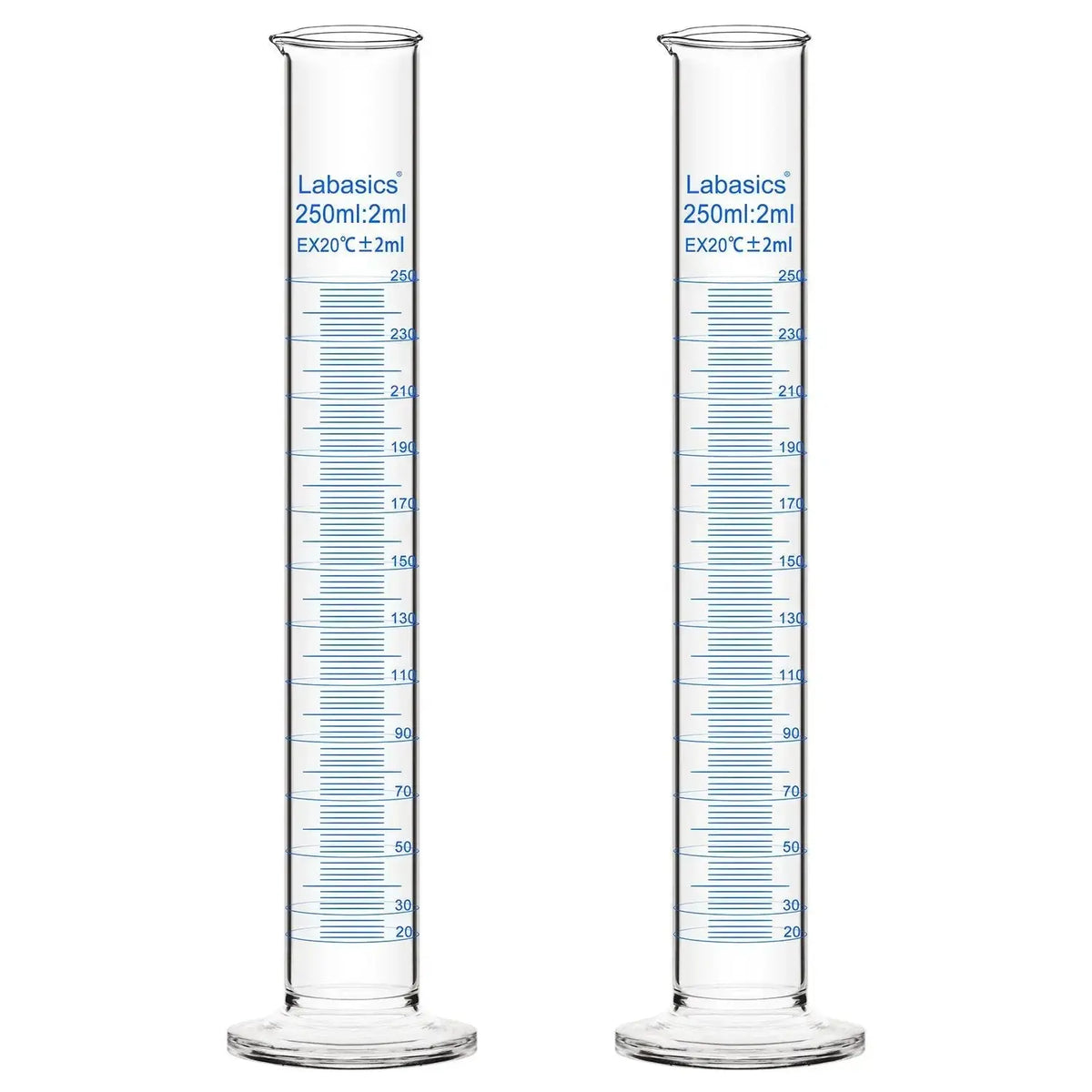 Graduated cylinder, 250 mL, borosilicate glass, stable base, clear graduations for accurate liquid measurement; 2-pack