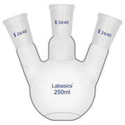 3-neck 250 mL flat bottom flask, borosilicate glass, 24/40 joints, used for multi-step chemical synthesis and heating applications