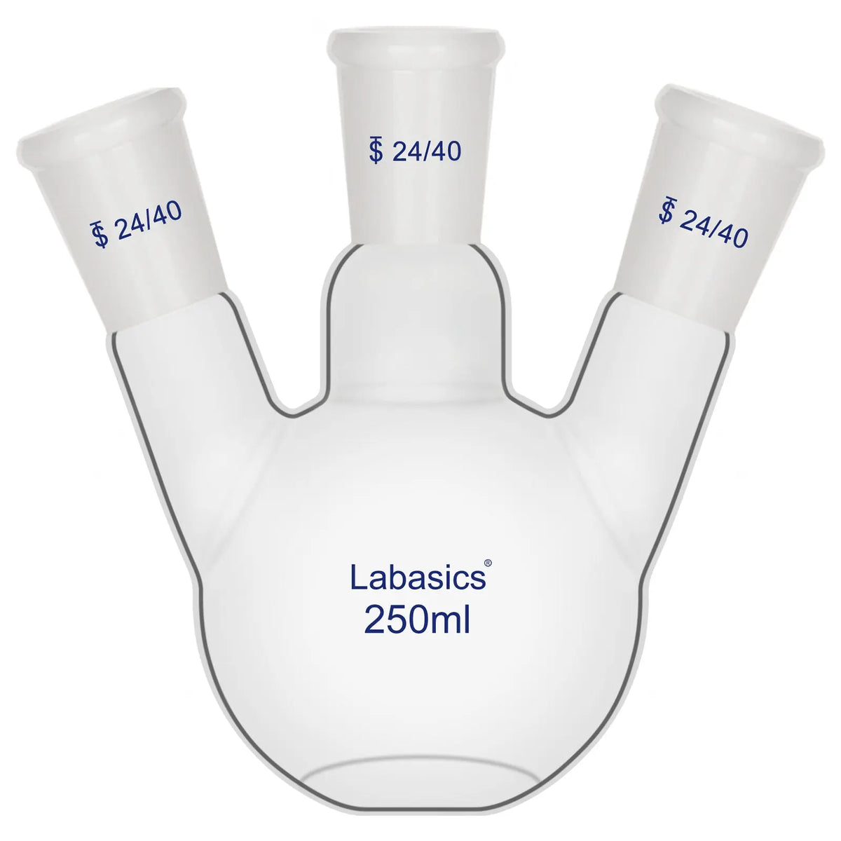 3-neck 250 mL flat bottom flask, borosilicate glass, 24/40 joints, used for multi-step chemical synthesis and heating applications
