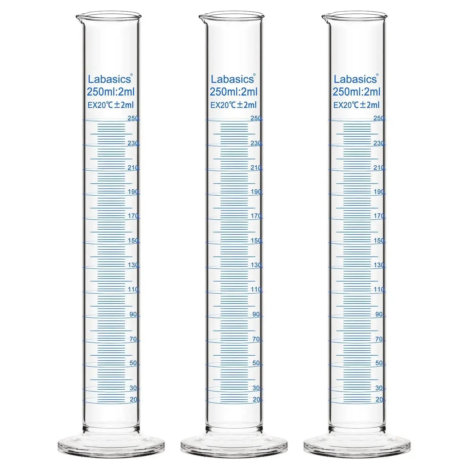Graduated cylinder, 250 mL, borosilicate glass, stable base, clear graduations for accurate liquid measurement; 3-pack