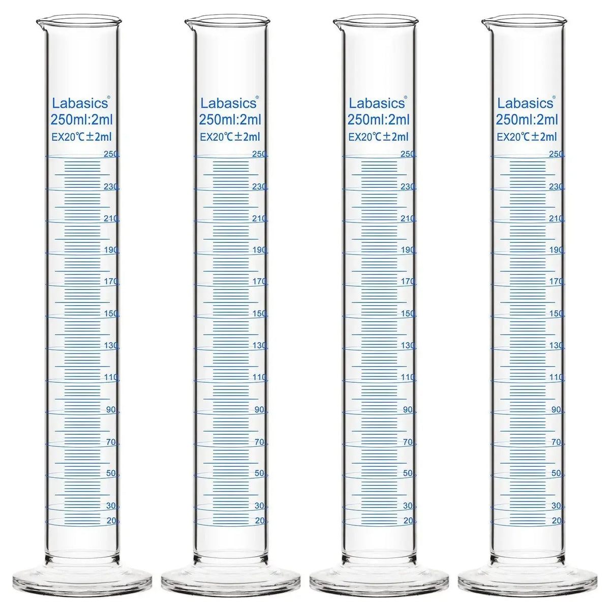 Graduated cylinder, 250 mL, borosilicate glass, stable base, clear graduations for accurate liquid measurement; 4-pack