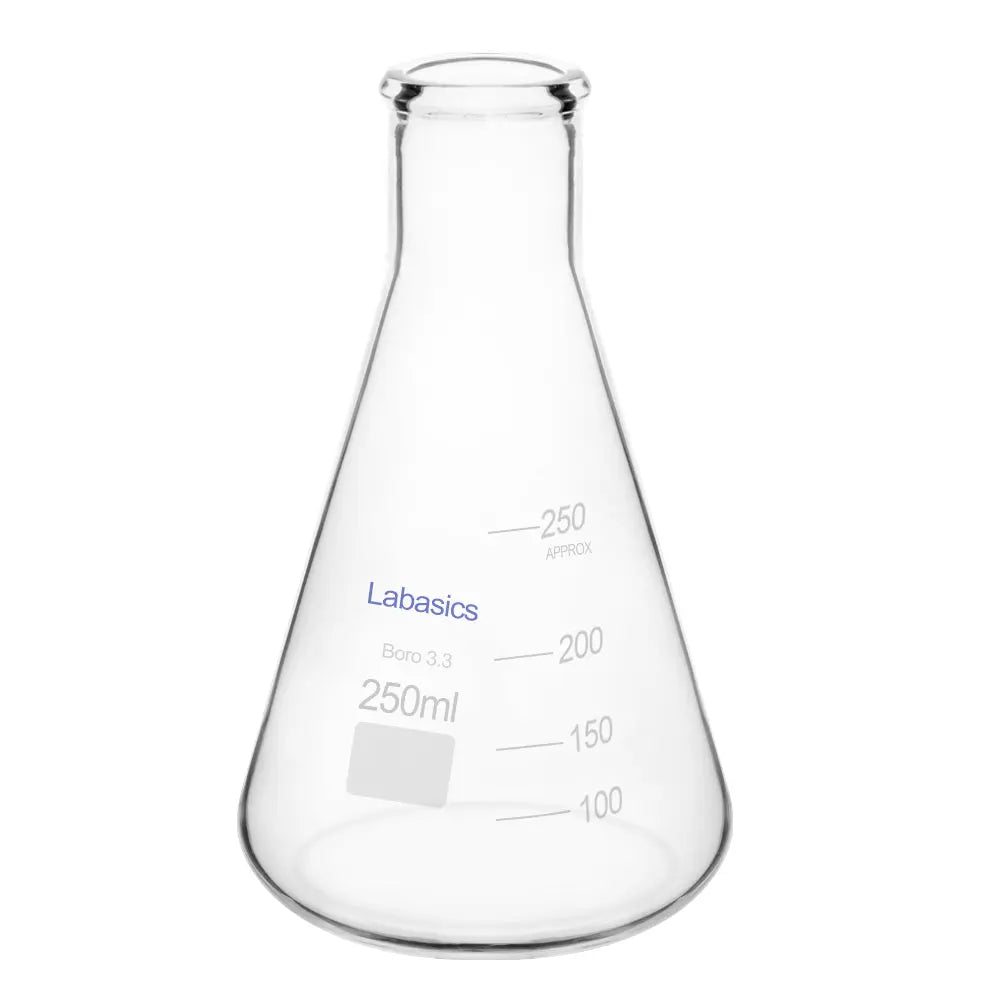 Narrow mouth Erlenmeyer flask, 250 mL, borosilicate glass, heat-resistant up to 250°C, for mixing and heating laboratory chemicals