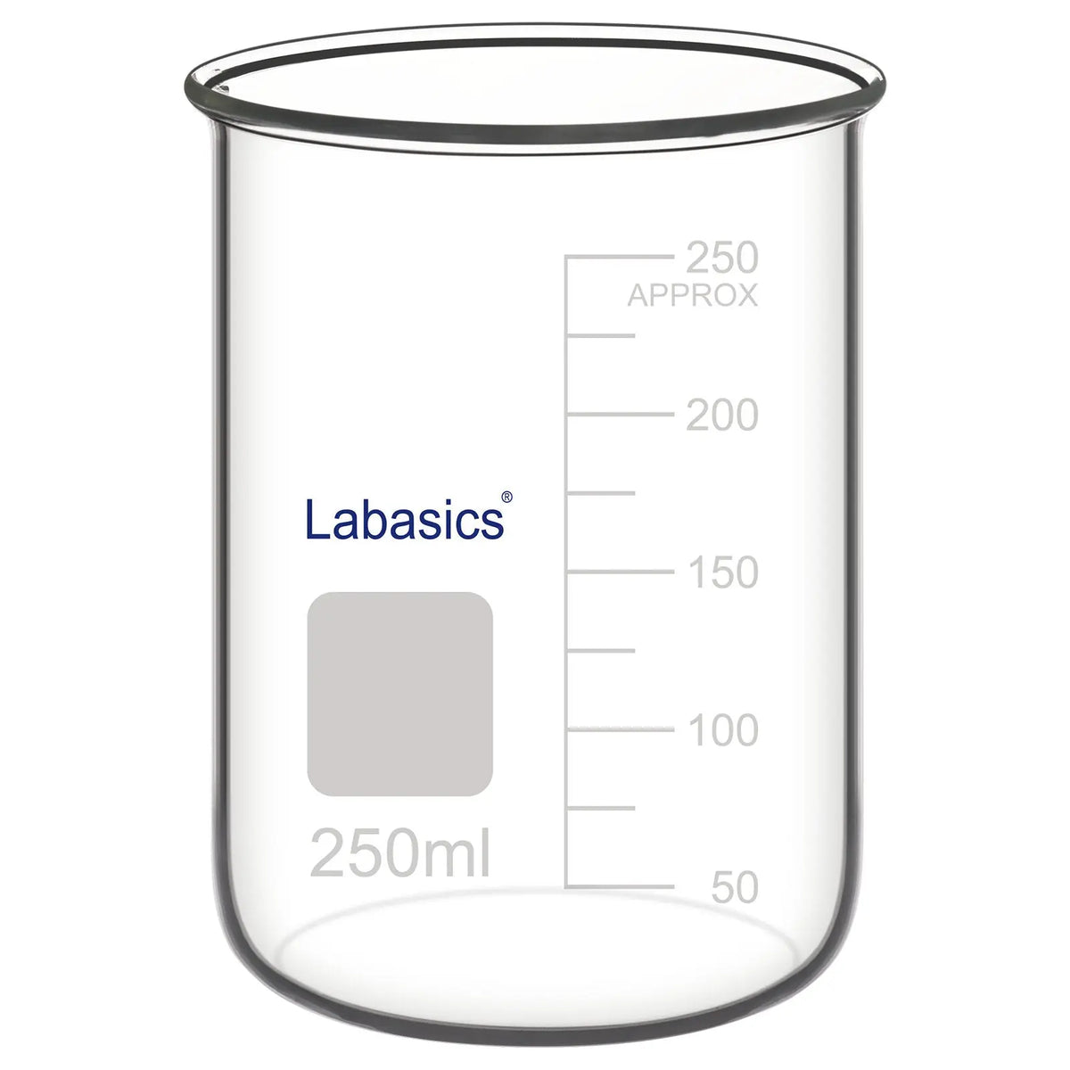 250 ml glass beaker without spout, splash-free design for controlled laboratory reactions