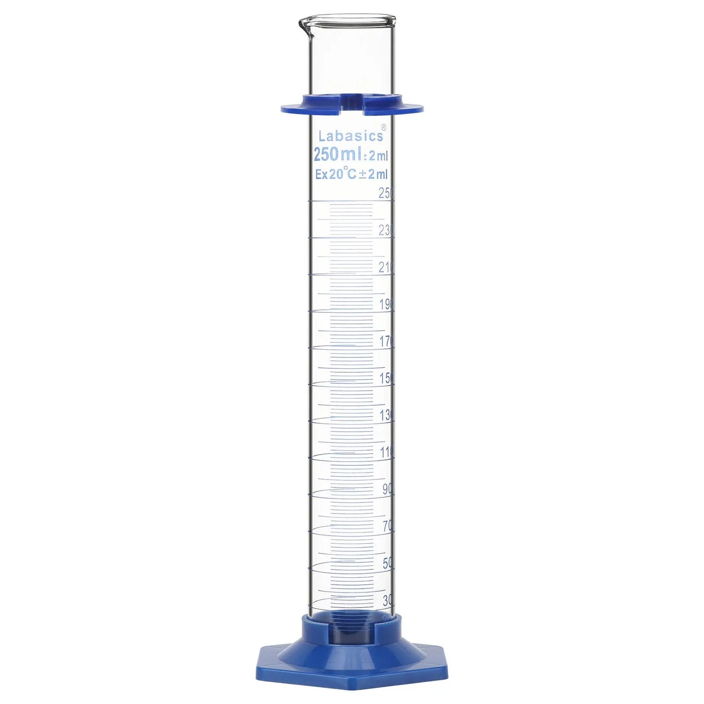 250 mL graduated cylinder with 2 mL interval markings and protective outer bath for reduced impact in laboratory handling