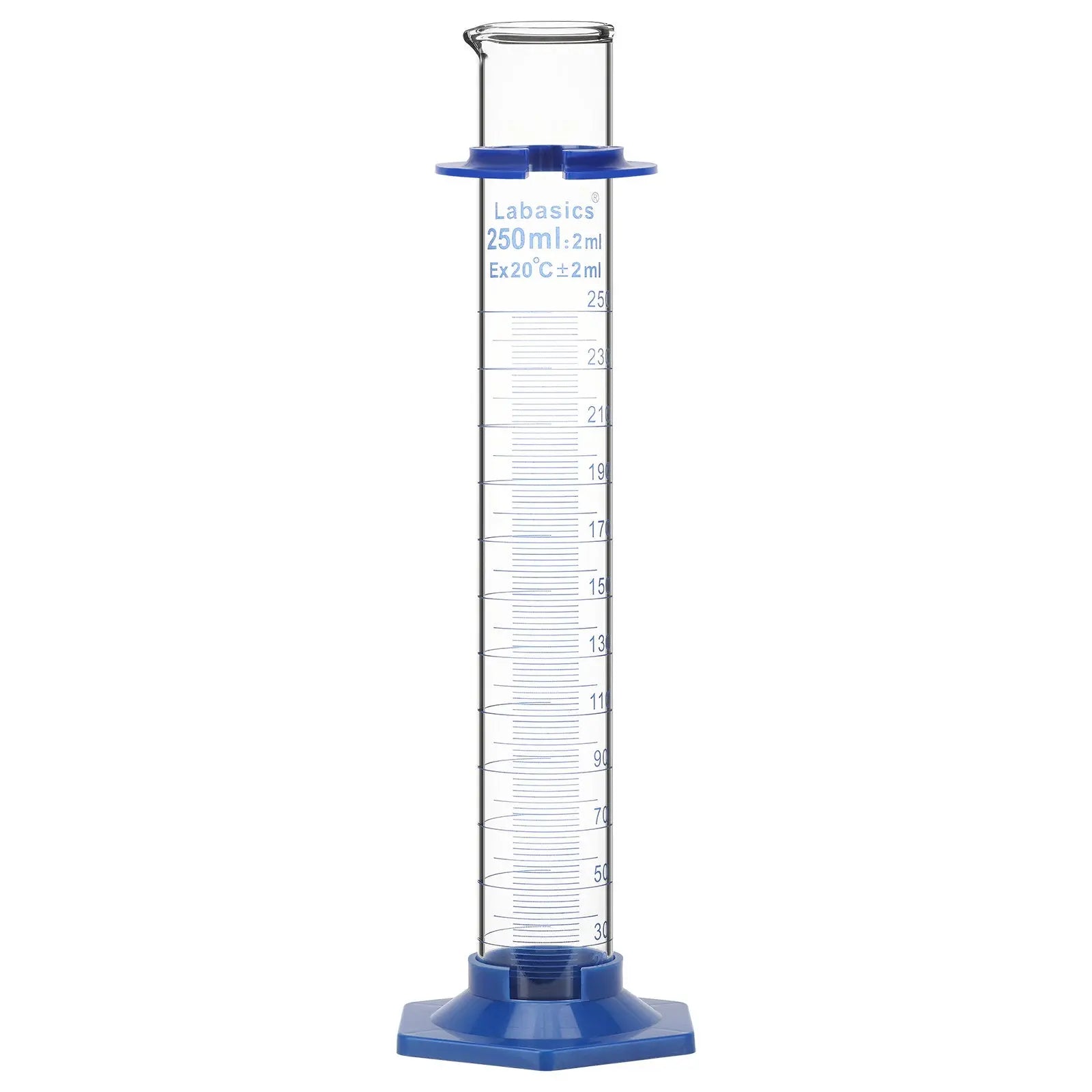 250 mL graduated cylinder with 2 mL interval markings and protective outer bath for reduced impact in laboratory handling