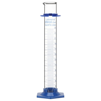 250 mL graduated cylinder with 2 mL interval markings and protective outer bath for reduced impact in laboratory handling