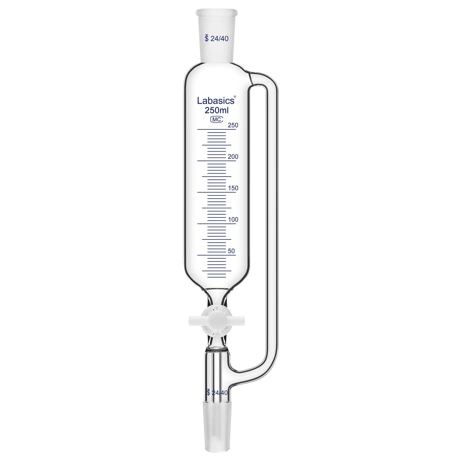 250ml borosilicate glass pressure equalizing addition funnel with PTFE stopcock and clear graduations, suitable for quantitative lab liquid transfer