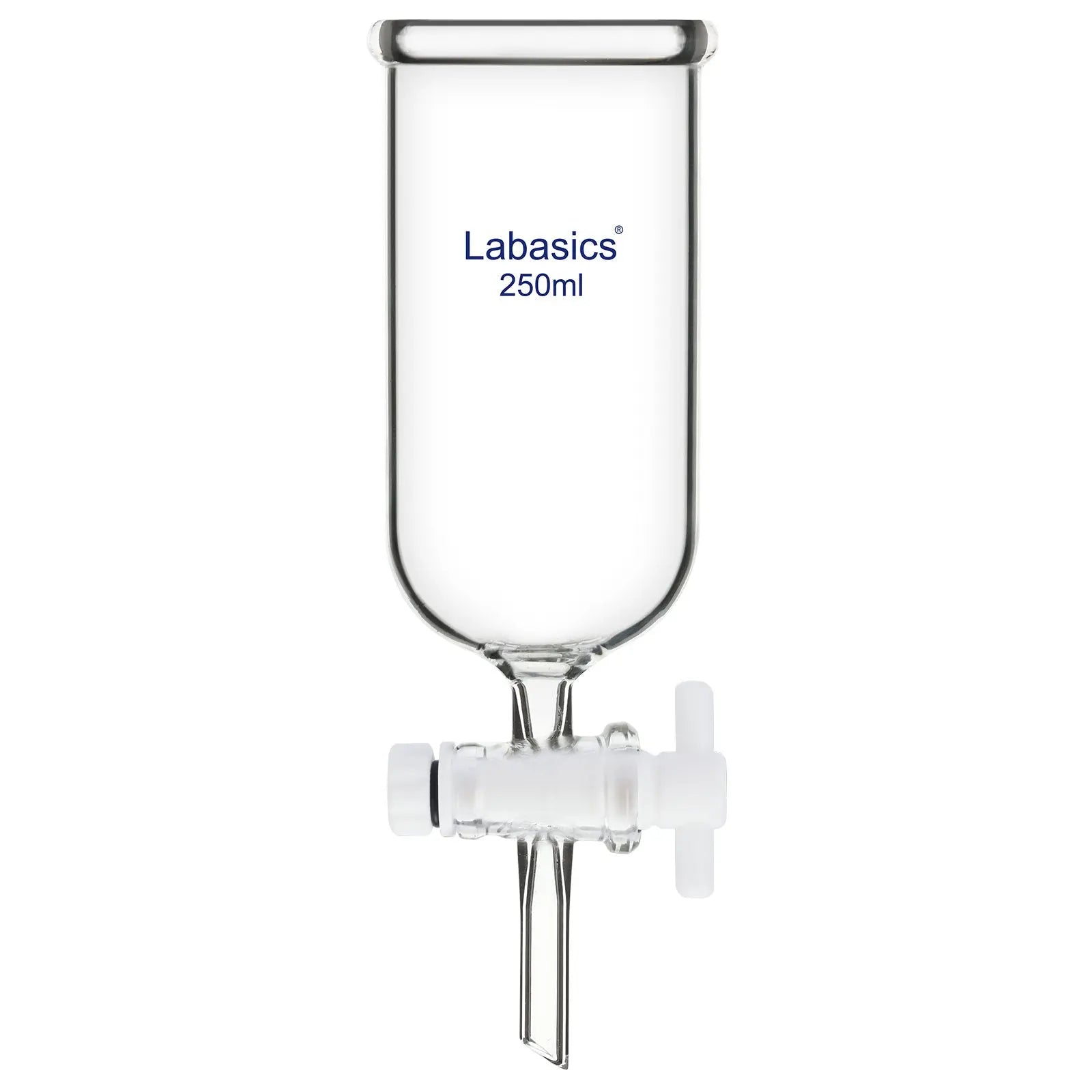 Dropping funnel, 250 mL, PTFE stopcock, borosilicate glass, cylindrical design for controlled liquid addition and extraction