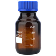 Amber media storage bottle, 250 mL, GL45 PP screw cap, soda-lime glass, UV-protective amber color, airtight seal, graduated scale for lab storage