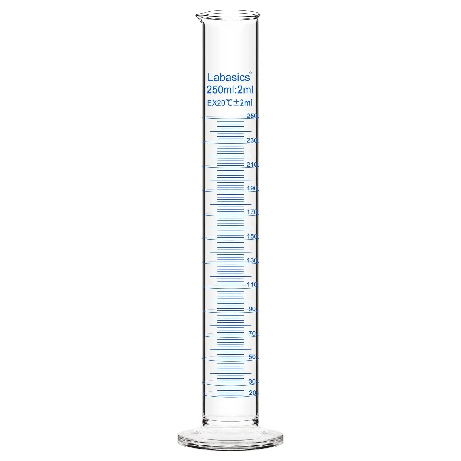 Graduated cylinder, 250 mL, borosilicate glass, stable base, clear graduations for accurate liquid measurement
