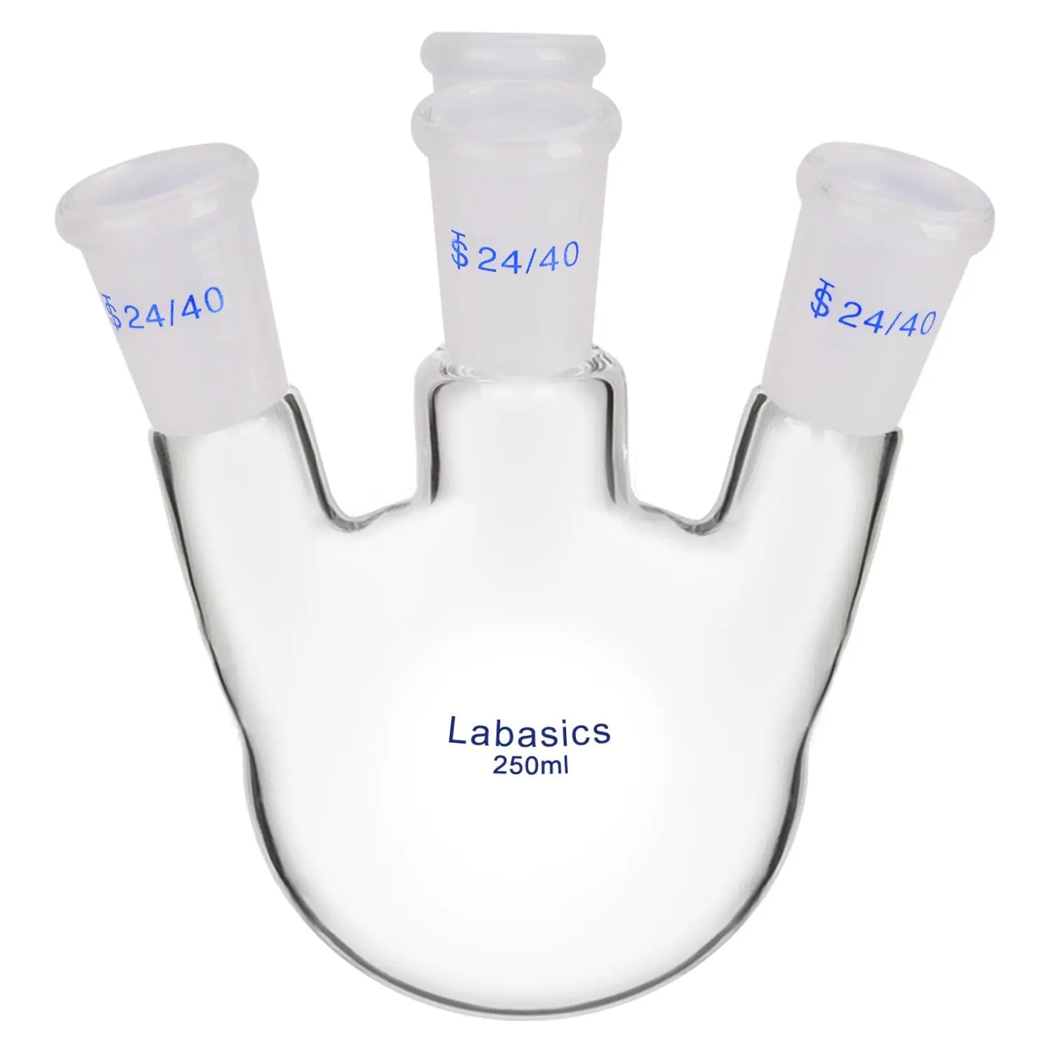 250 ml 4-neck angled round bottom flask, borosilicate glass, 24/40 joints, heavy-duty and transparent, suitable for lab synthesis and reflux reactions