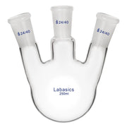 3 neck round bottom flask, 250 mL, borosilicate glass, 24/40 joints, multi-neck design for reflux and chemical reaction setups