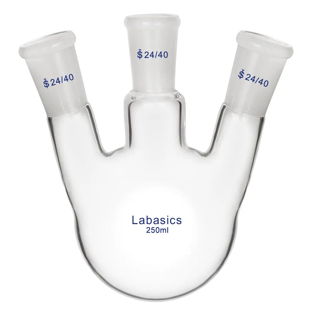 3 neck round bottom flask, 250 mL, borosilicate glass, 24/40 joints, multi-neck design for reflux and chemical reaction setups