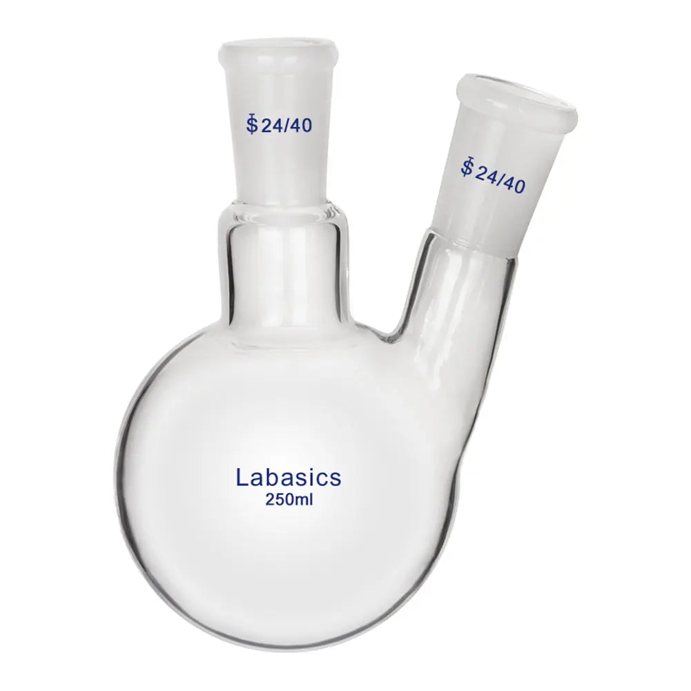 2 neck round bottom flask, 250 mL, borosilicate glass, 24/40 joints, suitable for reflux and chemical reaction experiments