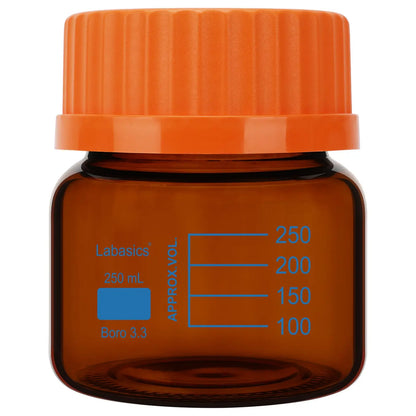 Amber Borosilicate Glass Media Storage Bottle with GL80 Orange Screw Cap, 250 mL
