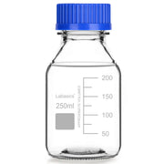 Transparent media storage bottle, 250 mL, soda-lime glass, GL45 blue screw cap, leak-proof design, graduated scale for liquid storage