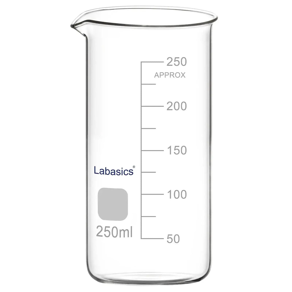 250 ml tall borosilicate lab beaker with pouring spout for mixing and stirring liquids