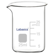 A small 25 mL borosilicate glass beaker with a pouring spout, featuring clear graduation marks and a compact cylindrical shape for precise liquid handling in micro-scale laboratory use.