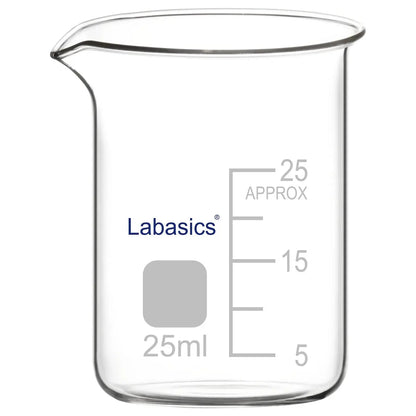 A small 25 mL borosilicate glass beaker with a pouring spout, featuring clear graduation marks and a compact cylindrical shape for precise liquid handling in micro-scale laboratory use.