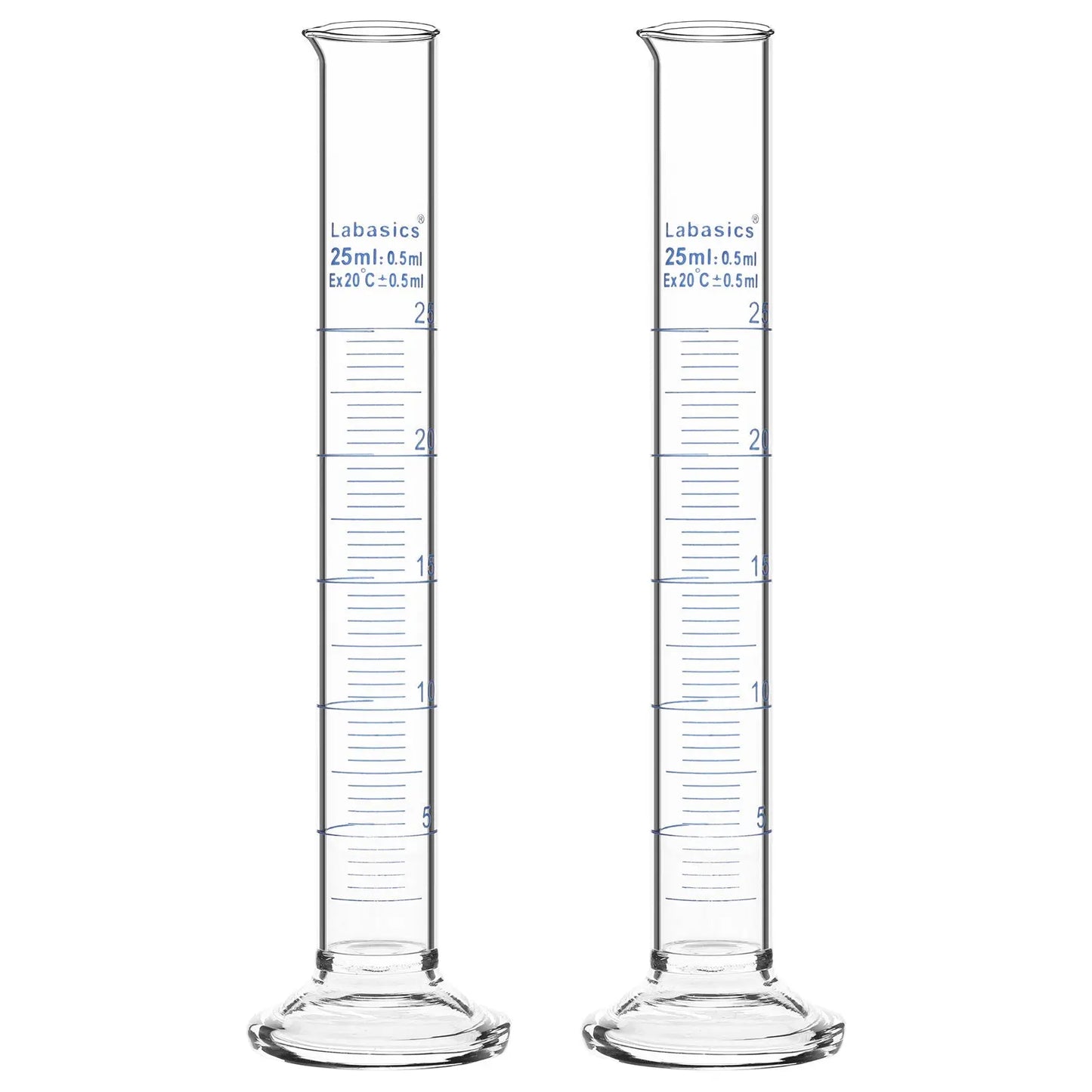 Measuring cylinder, 25 mL, borosilicate glass construction, accurate metric graduations, suitable for laboratory liquid handling; 2-pack