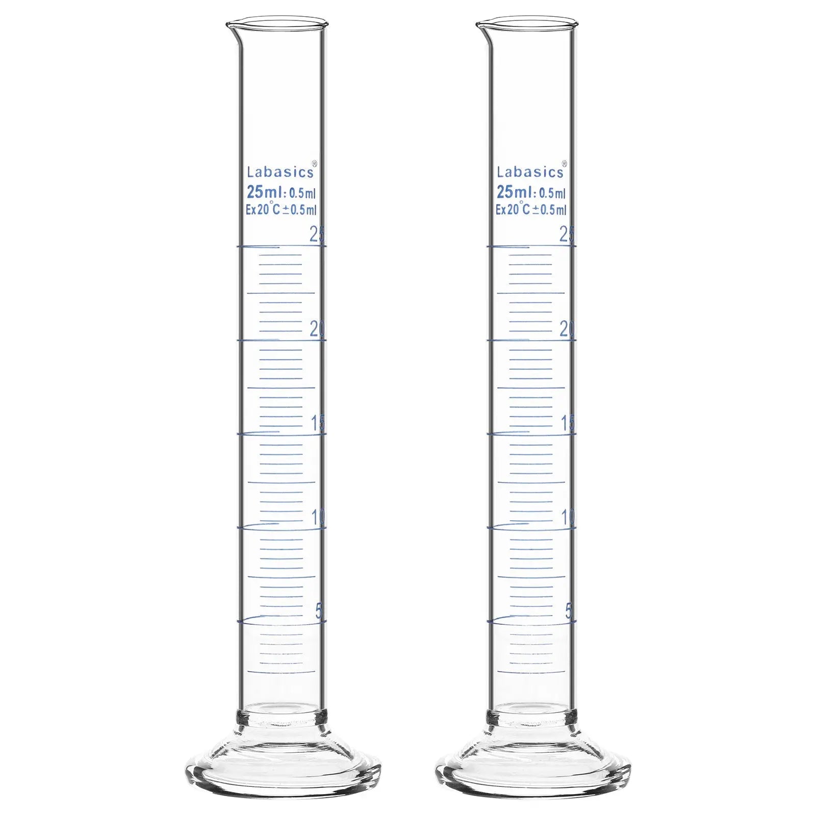 Measuring cylinder, 25 mL, borosilicate glass construction, accurate metric graduations, suitable for laboratory liquid handling; 2-pack